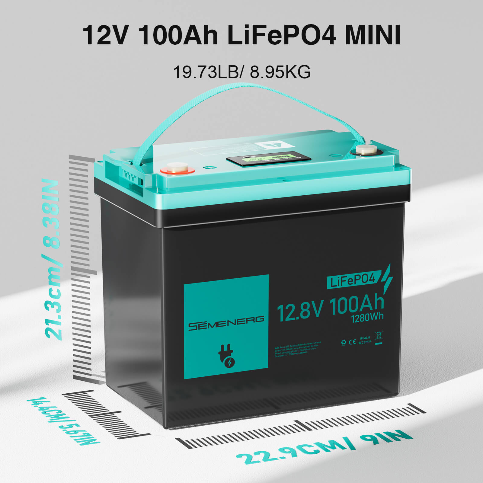 12V 100Ah LiFePO4 MINI battery with dimensions and weight on a light gray background