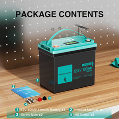 12V 100Ah lithium battery with packaging contents on a wooden surface