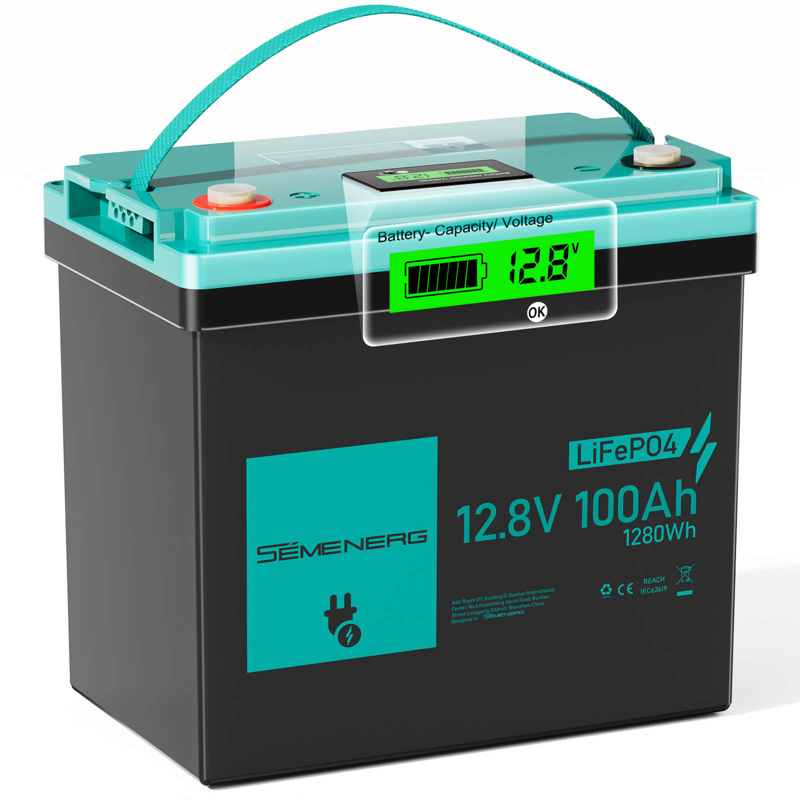 SEMENERG battery with digital display on a white background