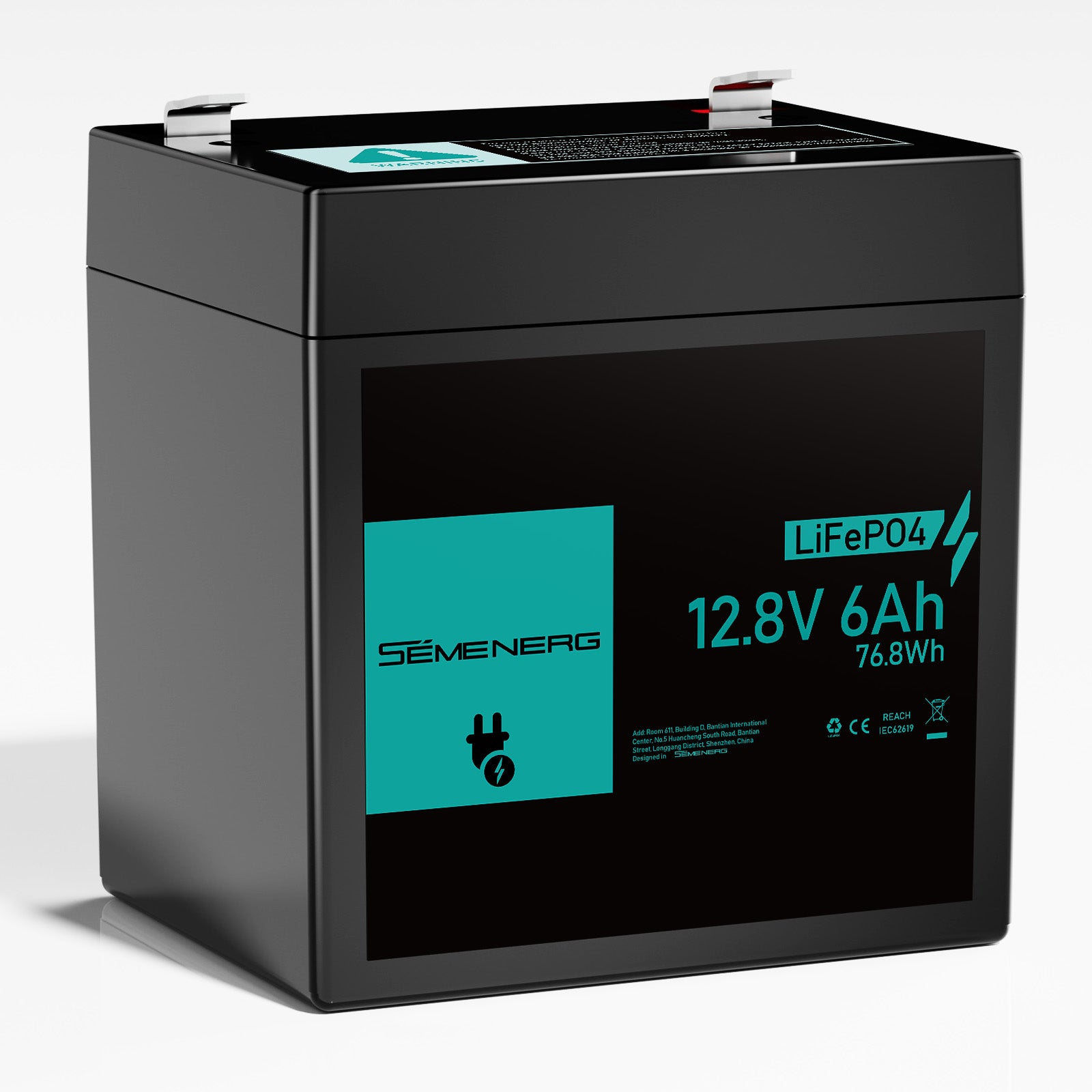 A black SEMENERG 12V 6Ah LiFePO4 rechargeable battery with a teal label on the front.