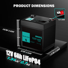 Battery with dimensions displayed on a black background