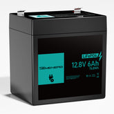 A black SEMENERG 12V 6Ah LiFePO4 rechargeable battery with a teal label on the front.