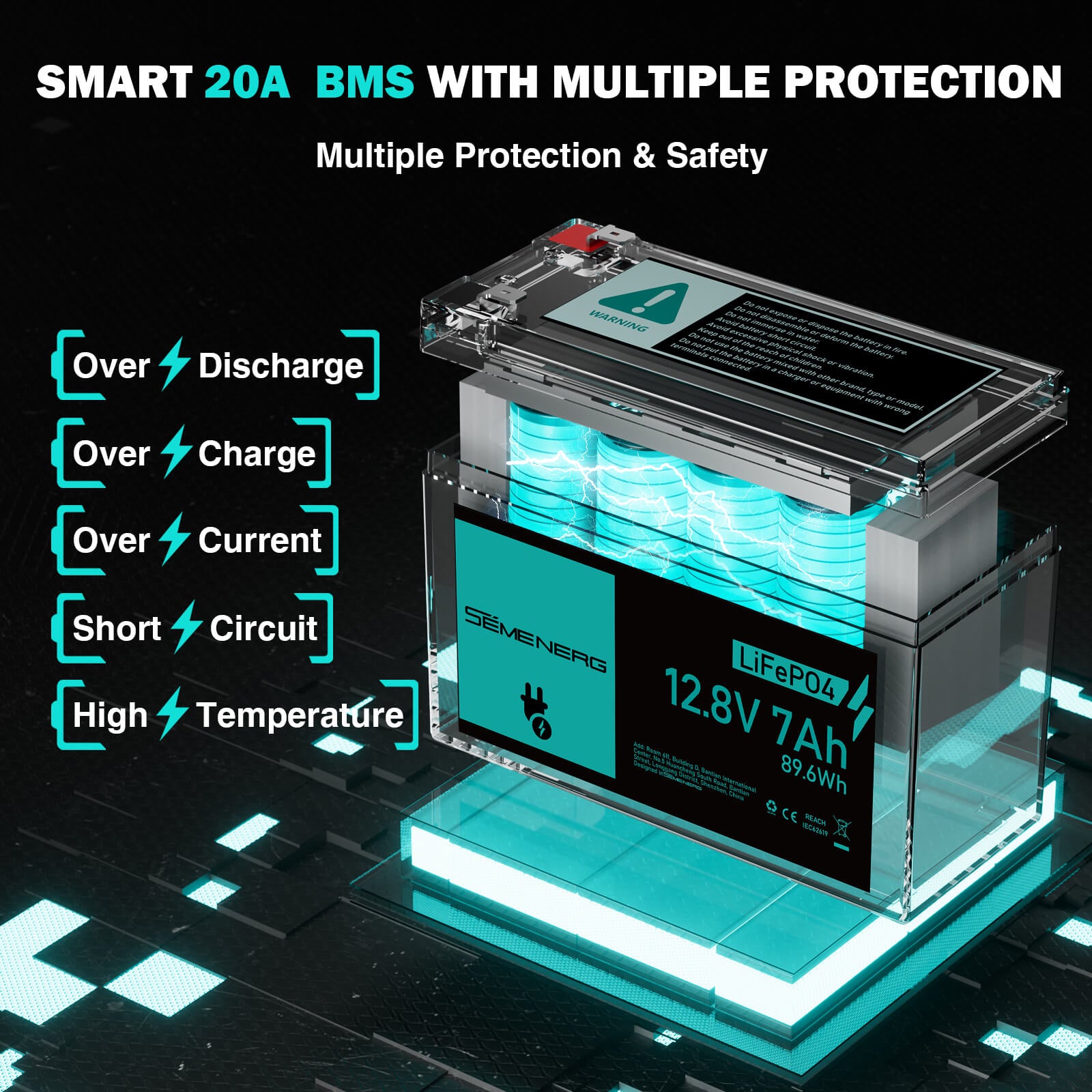 Smart 20A BMS battery with multiple protection features on a dark background