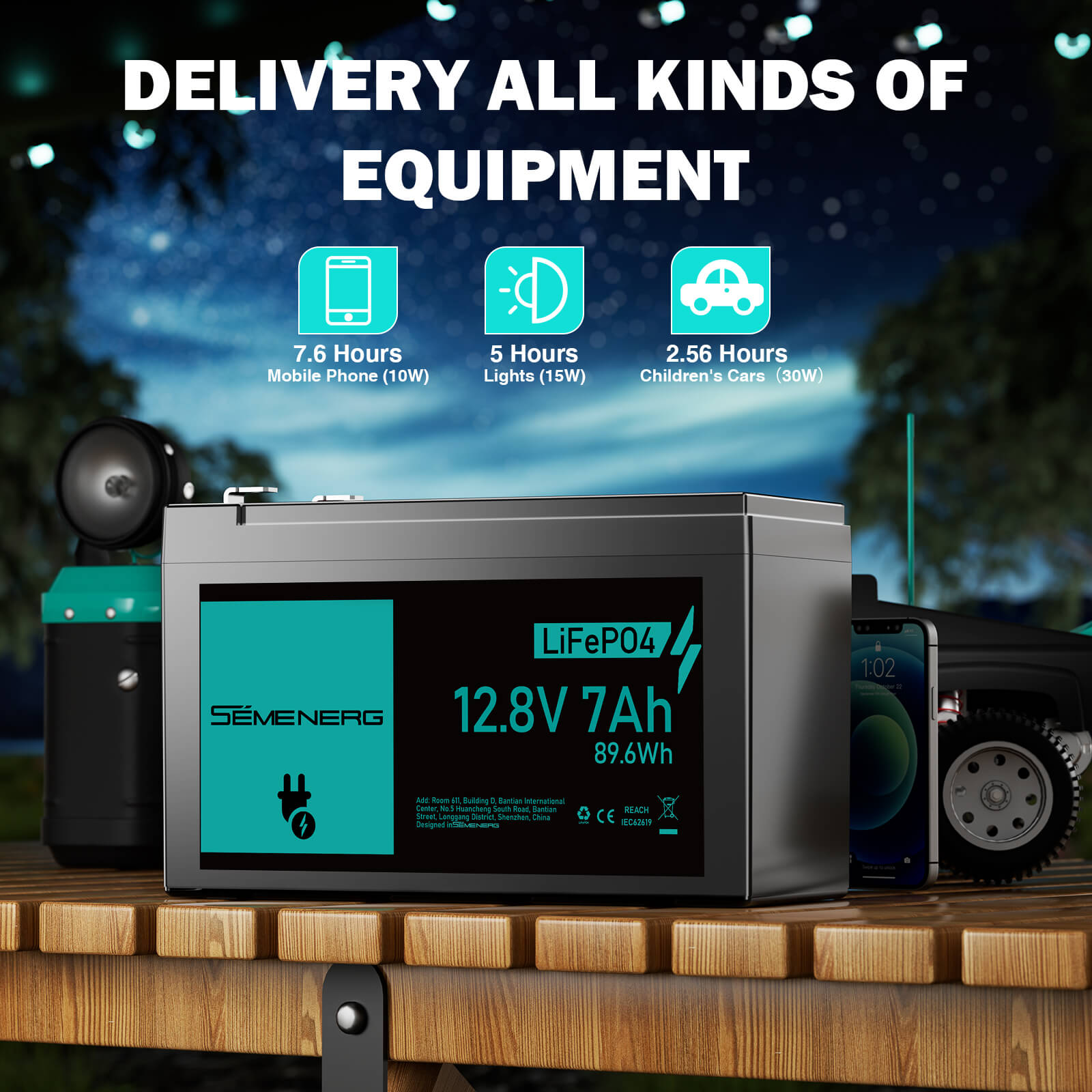 Battery pack with display on a wooden surface at night, with text about battery life for devices.