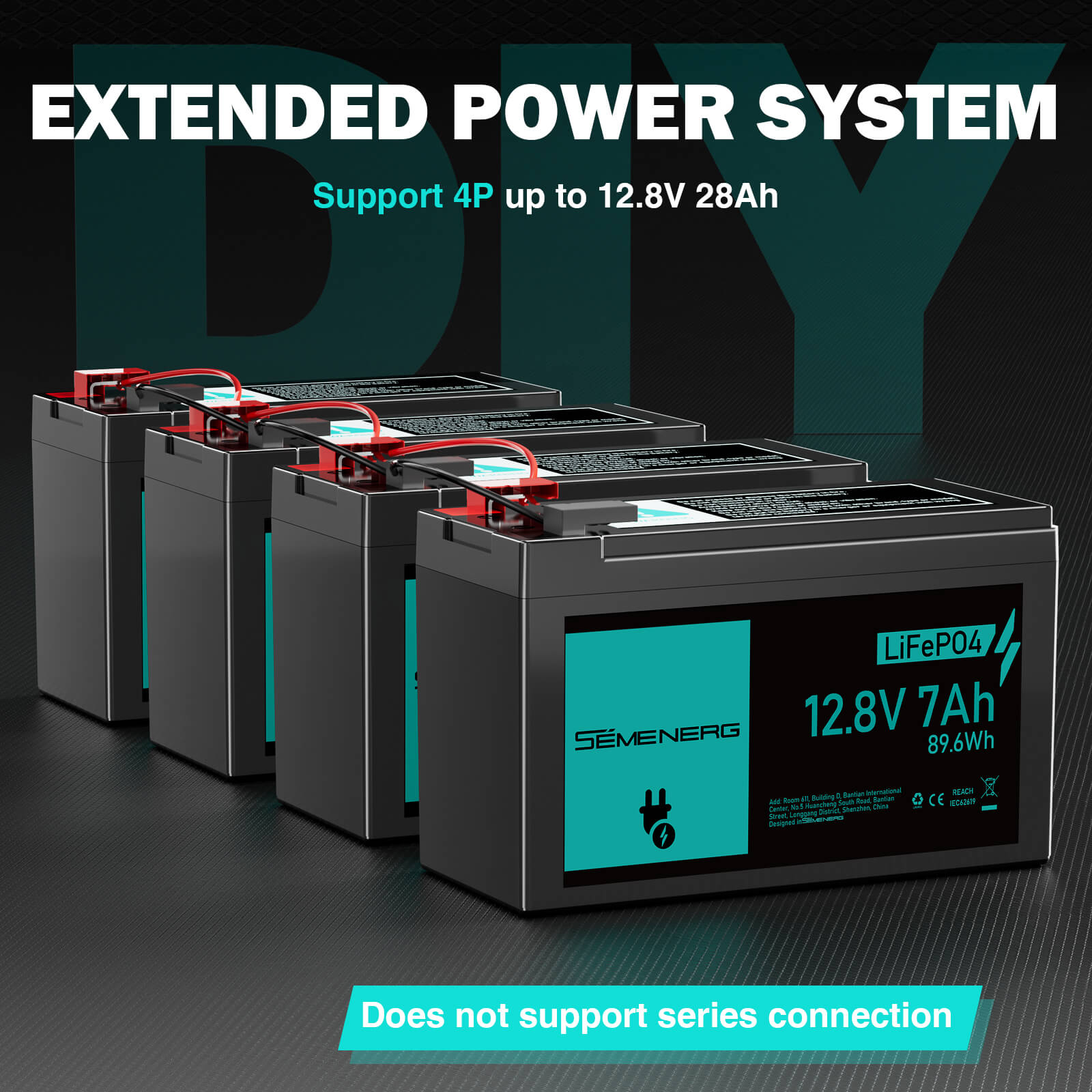 Semenerg batteries with digital display on a dark background