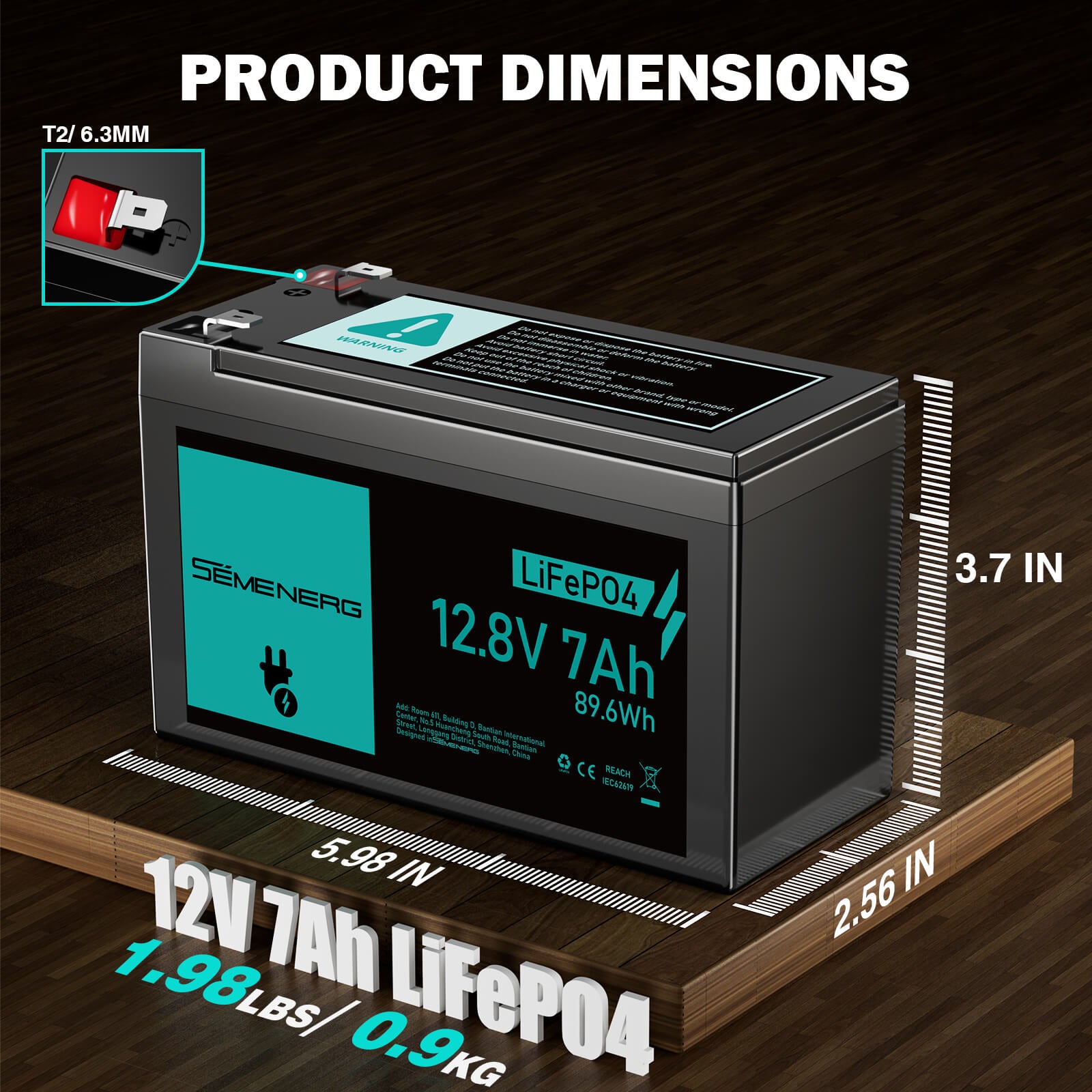 Battery pack with dimensions and specifications on a wooden surface