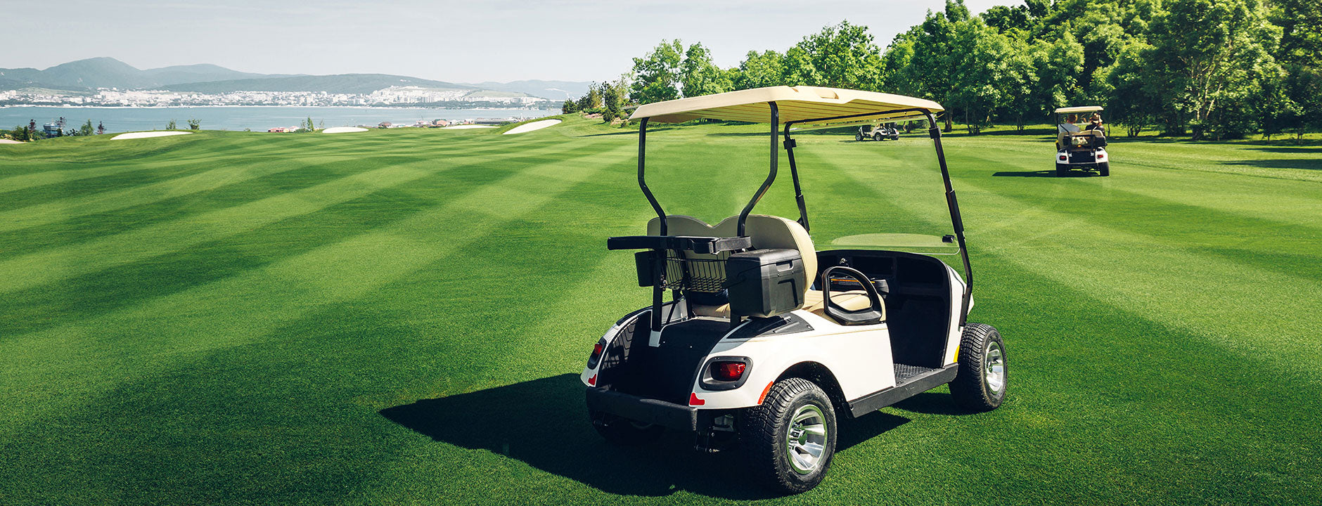 Golf cart on a golf course with a scenic background