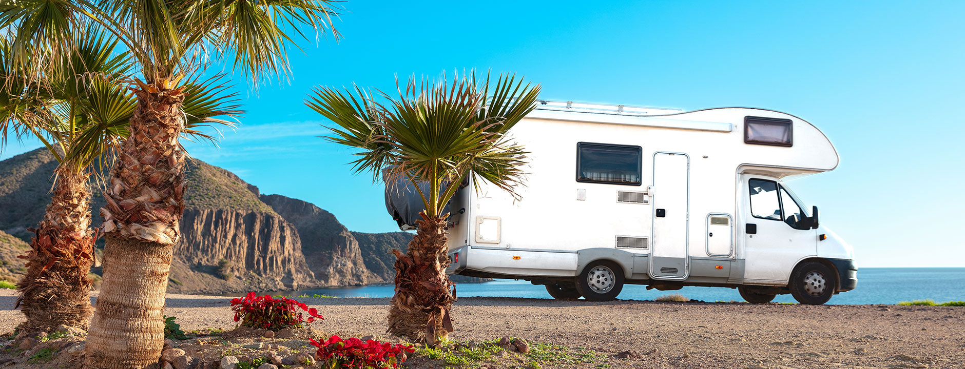 White RV parked on a beach with palm trees and mountains in the background